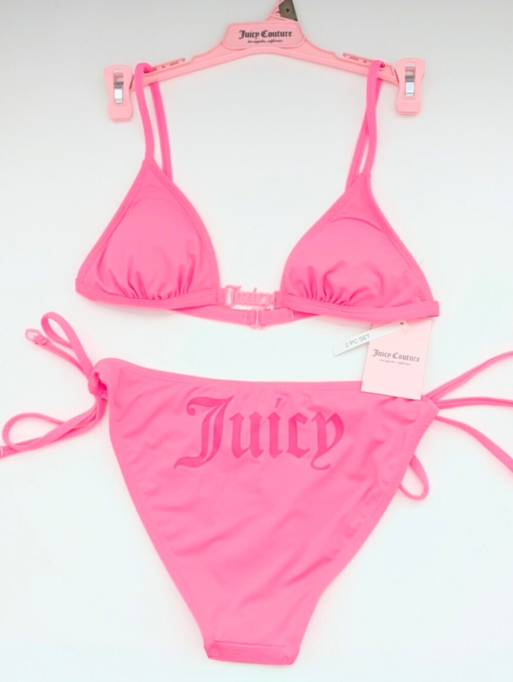 NWT Juicy Women's (S) Pink Triangle Bikini w/Logo Hardware Top & Logo Bottoms